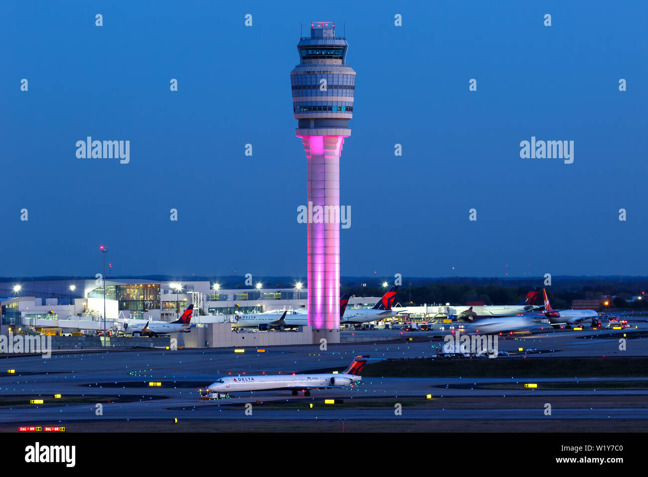 Atlanta, Georgia – April 2, 2019: Tower at Atlanta Airport (ATL) in the United States. Stock Photo