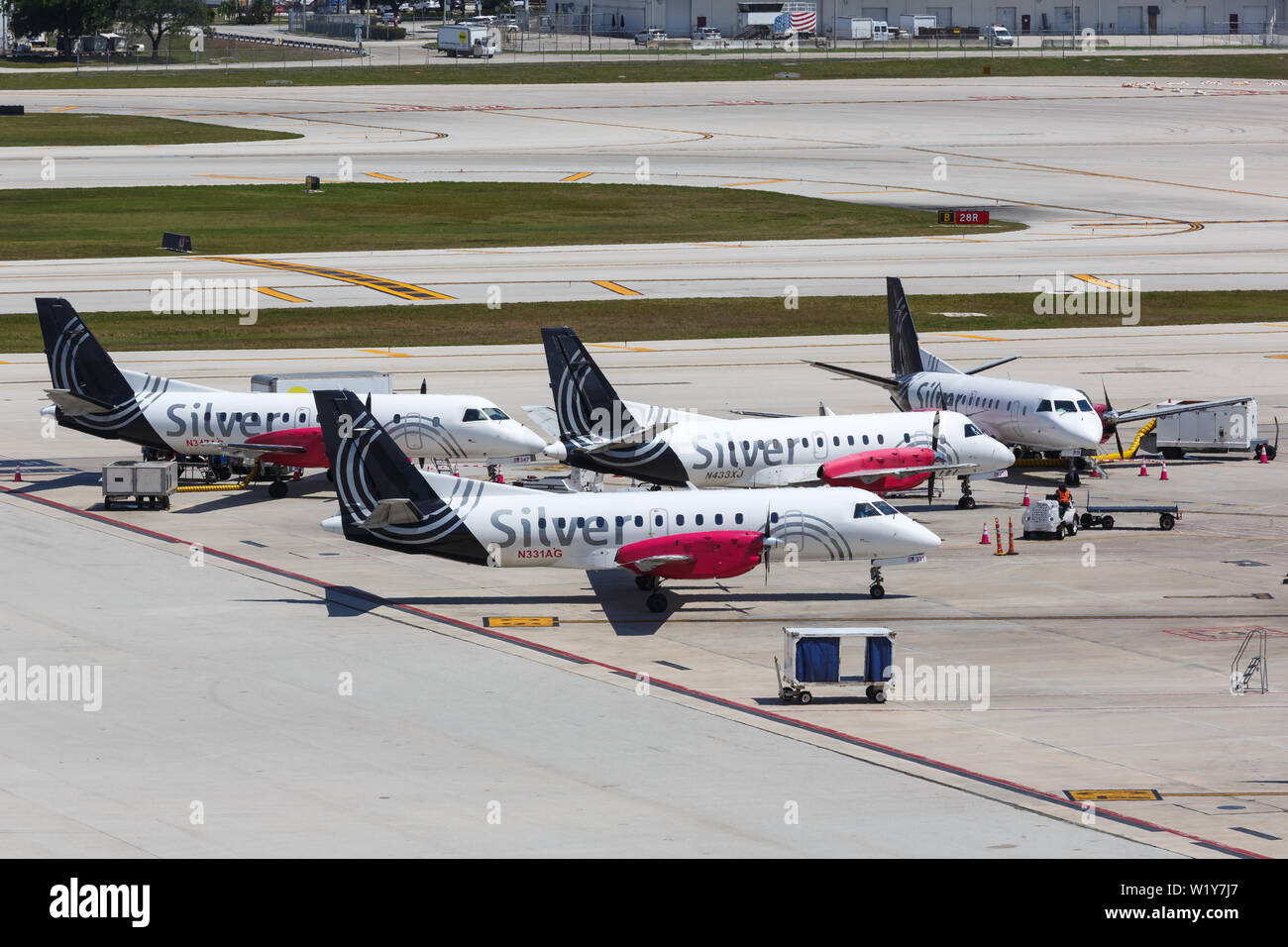 Fort Lauderdale, Florida – April 6, 2019: Silver Airways Saab 340 airplanes at Fort Lauderdale airport (FLL) in the United States. Stock Photo