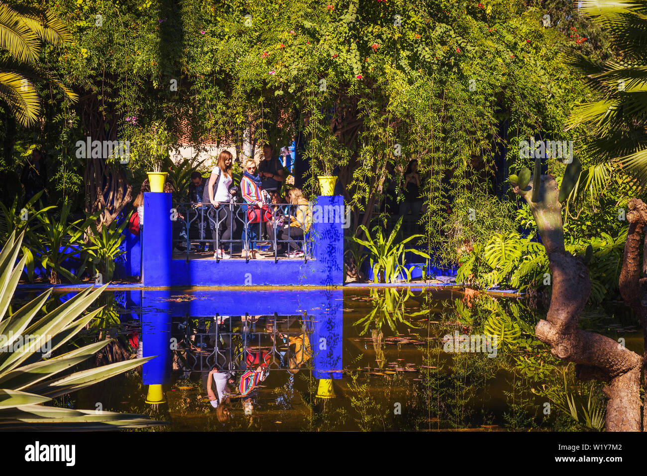 Visitors look at a pond in the Jardin Majorelle botanical garden in Marrakech Stock Photo
