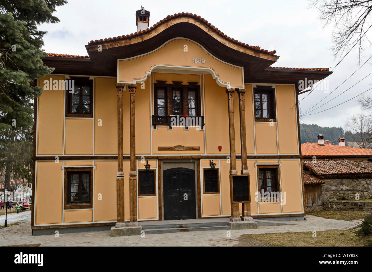 The old historical public building of ancient school and library in Koprivshtitsa town, Bulgaria, Europe Stock Photo