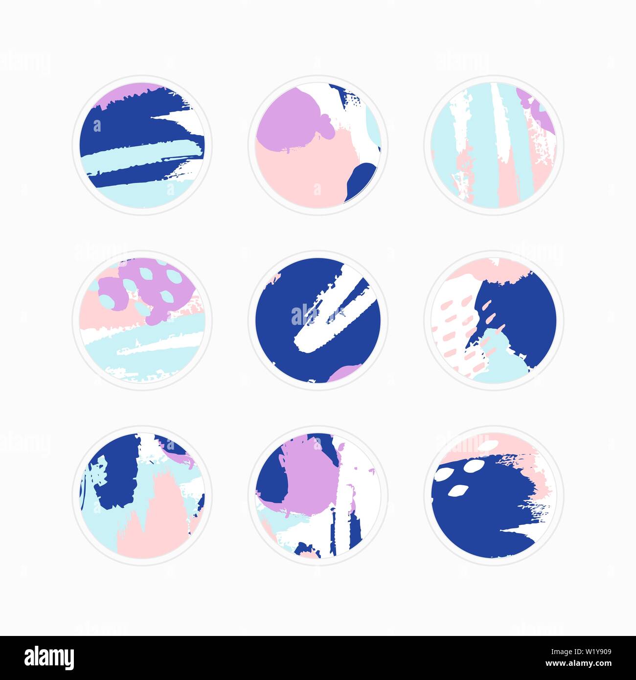 Vector set of abstract Highlight covers backgrounds. Design templates icons for social media stories. Round emblems of colorful bright Brush stroke . Stock Vector