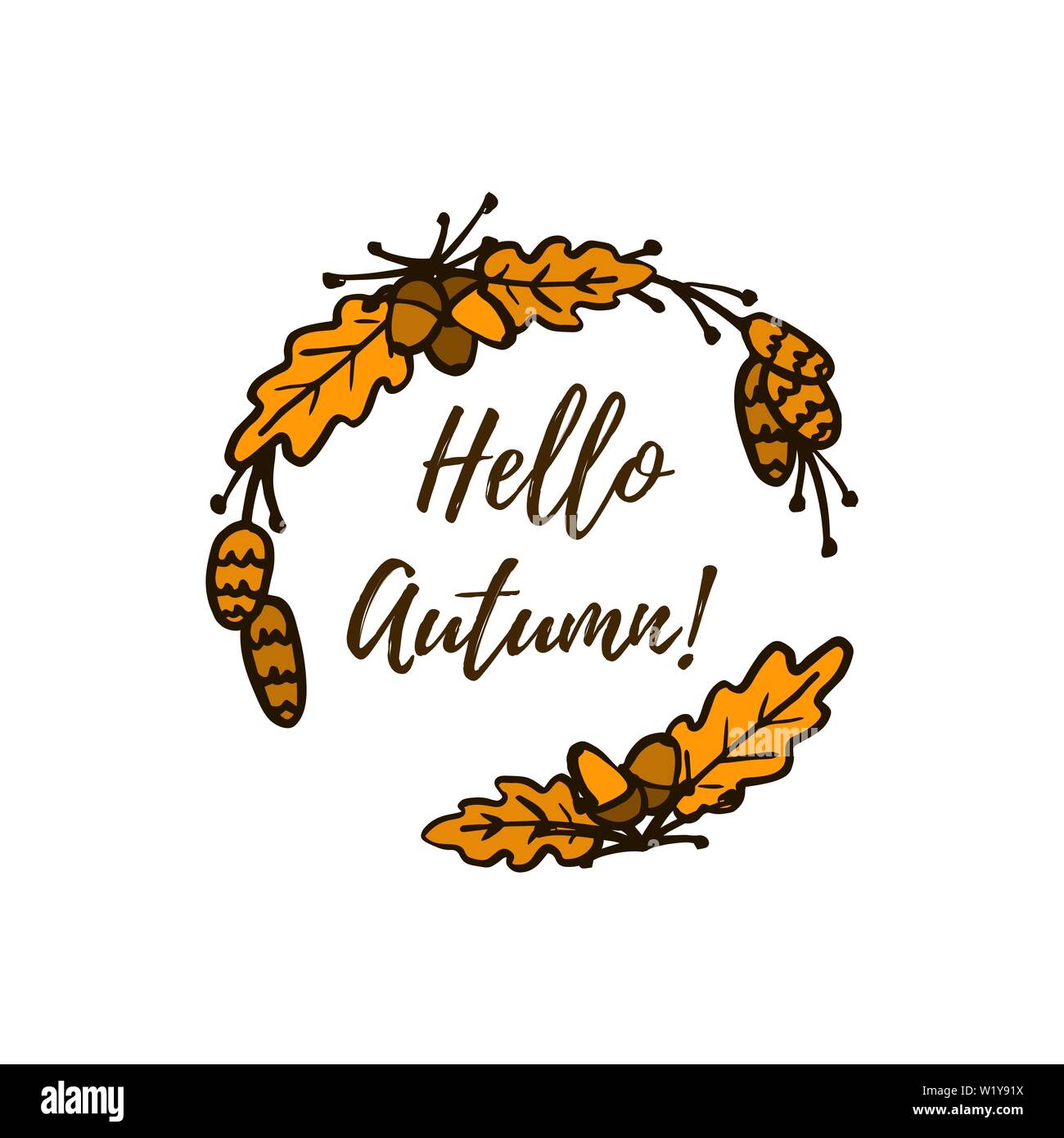 Autumn leaves Round Frame With the words Hello Autumn Vector Hand Draw ...