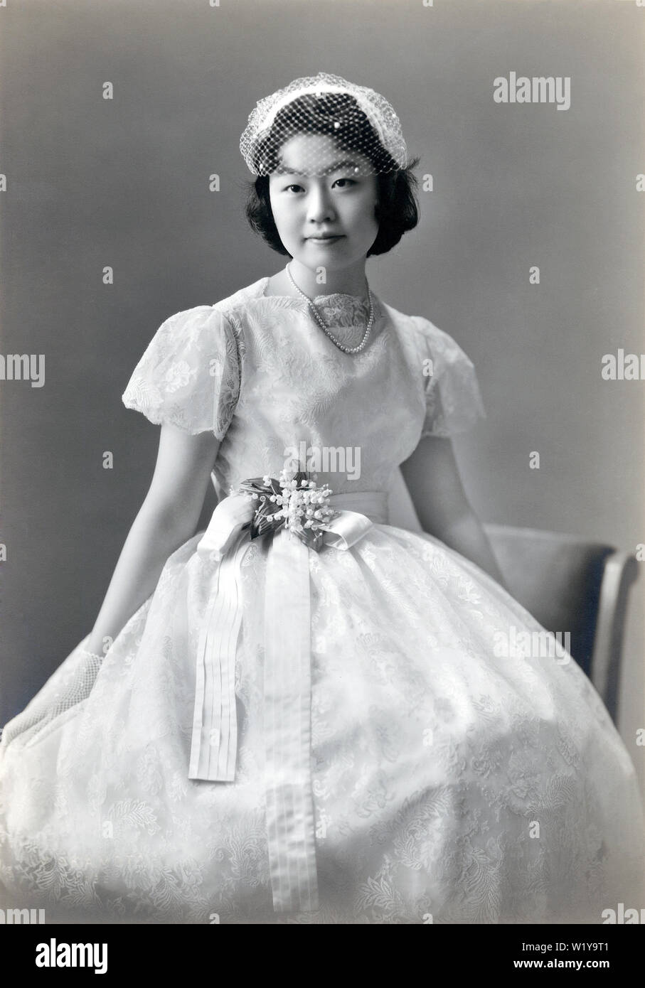 1930s Japan Japanese Bride in Western style Wedding Gown. A