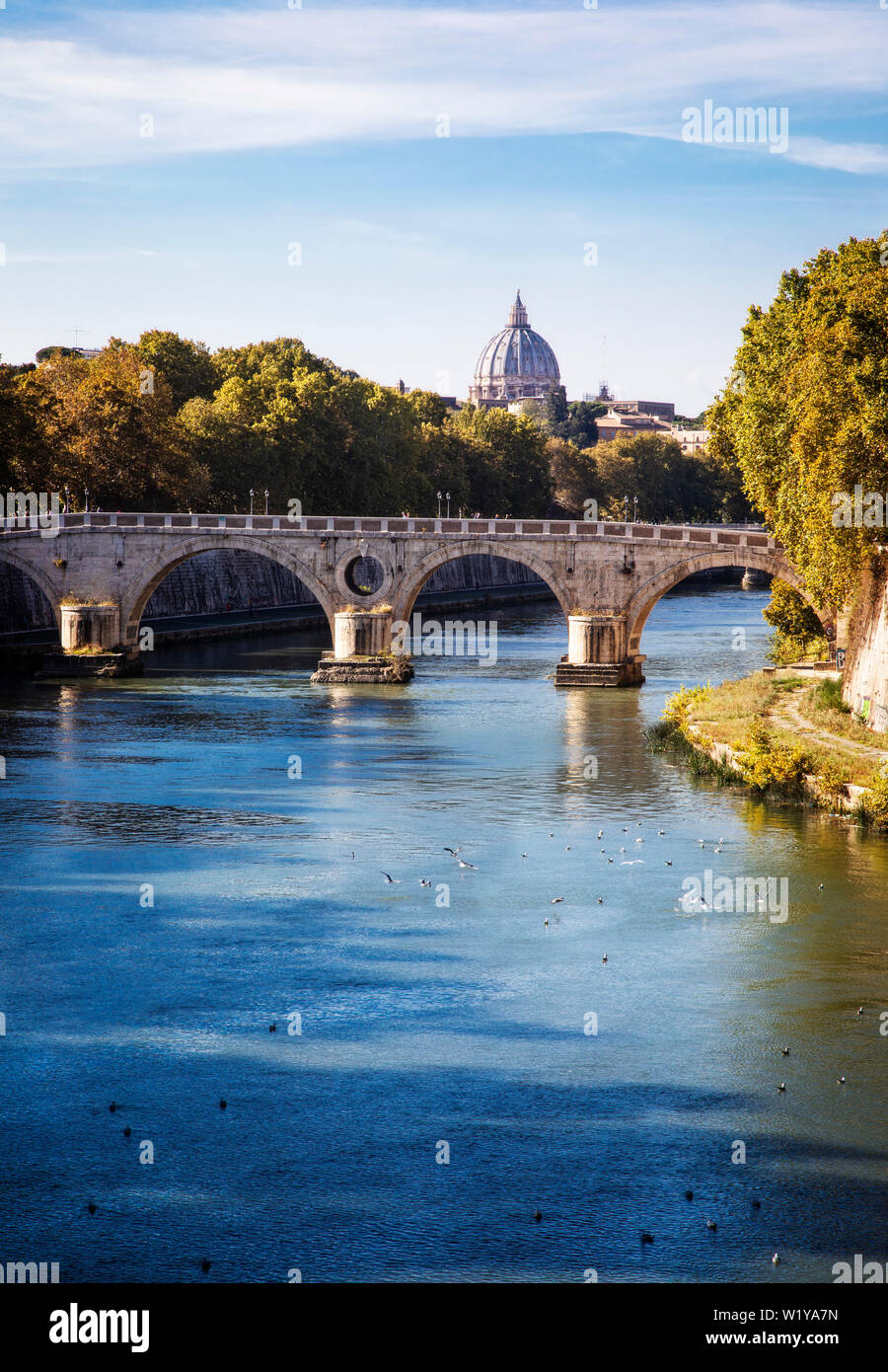 St. Peters Basilica rises on the horizon over the Tiber River in Rome