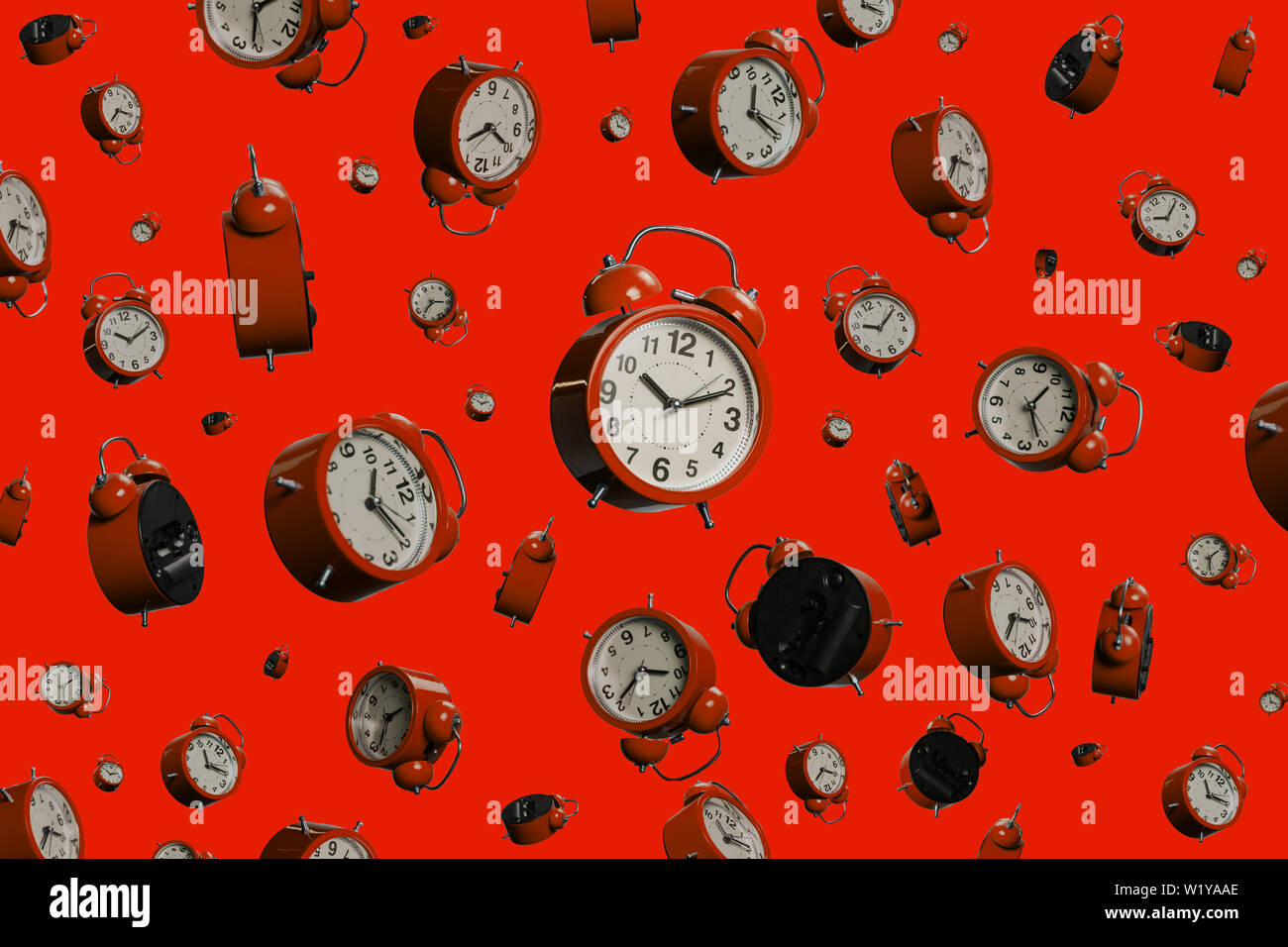full frame shot of floating alarm clocks . time ponctuality concept . ringing clocks Stock Photo