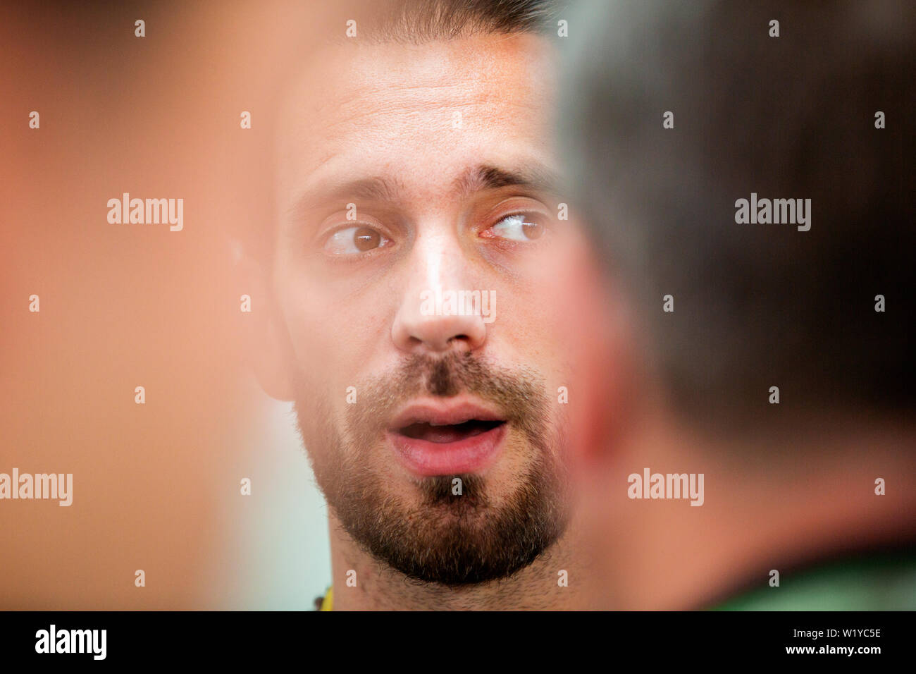 French race car driver Jean- Eric Vergne at a press briefing ahead of the ABB FIA Formula E race in Bern. Stock Photo
