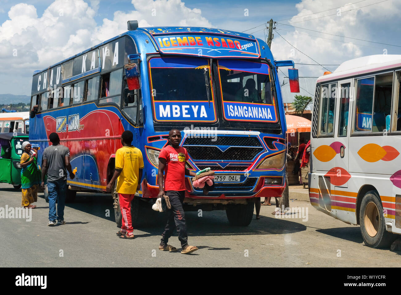 Bus in the streets of Mbeya, Tanzania.  ---   Fernbus in den Straßen von Mbeya, Tansania. Stock Photo