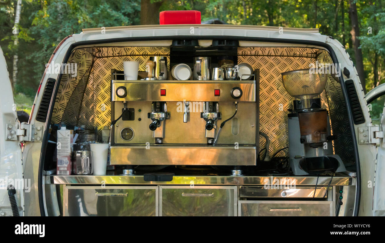 Coffee machine in trunk of mobile catering van Stock Photo Alamy