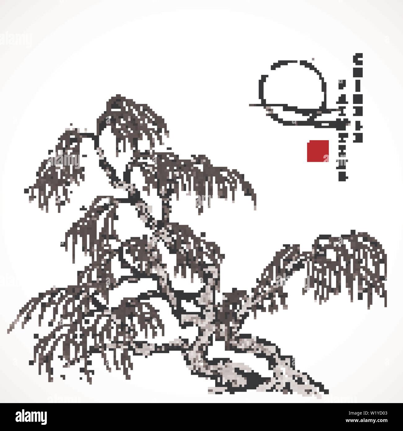 Watercolor ink paint art vector texture illustration willow tree and