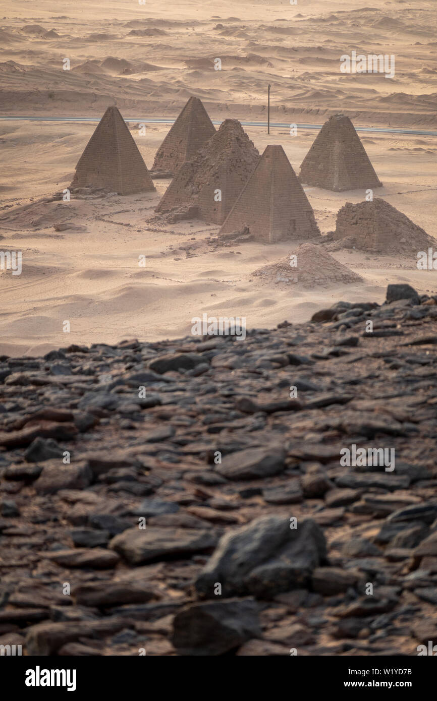 View from the holy mountain Jebel Barkal to the pyramids of Kamira in
