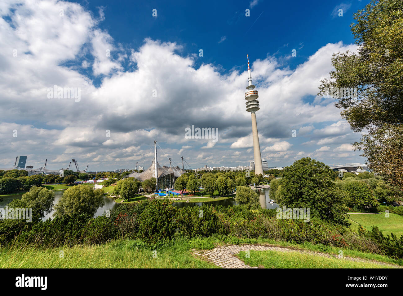 Olympic park (Olympiapark) with the Tower (Olympiaturm) and the Stadium (Munchner Olympiastadion 1972) in Munich, Bavaria, Germany, Europe Stock Photo