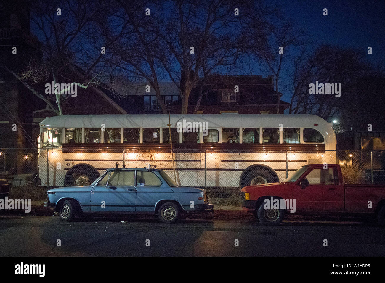 A vintage bus turned radio station and cafe in Greenpoint on N17th