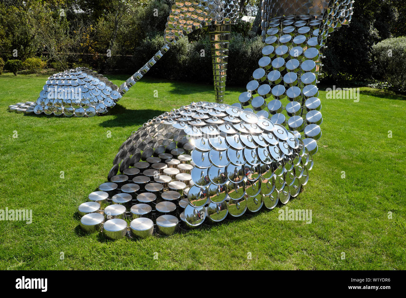 'Marilyn PA' by Joana Vasconcelos shoes sculpture stainless steel pans  lids and cement in garden of Serralves Museum in Porto Oporto Portugal Europe Stock Photo