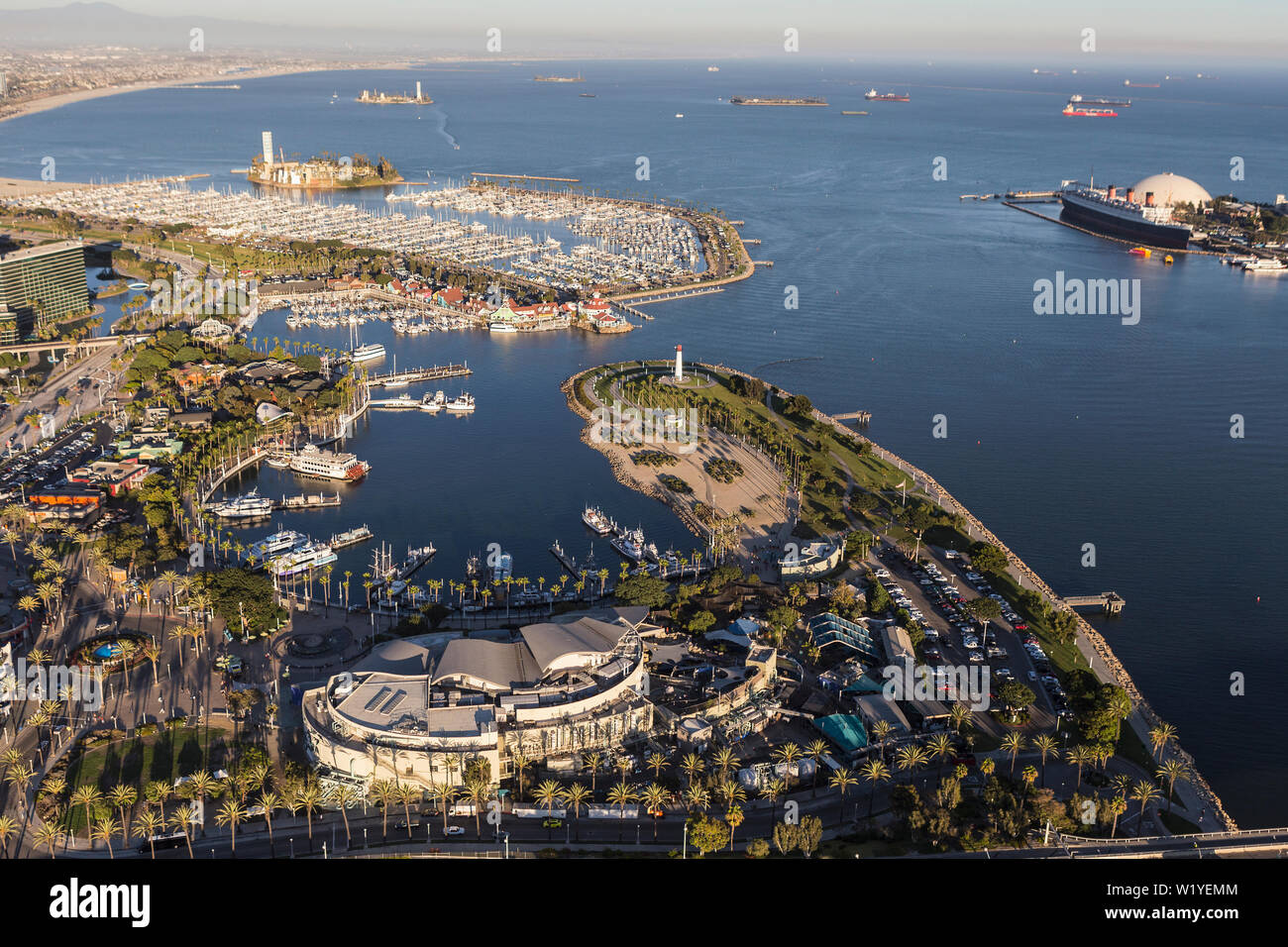Long Beach, California, USA - August 16, 2016:  Aerial view of popular seaside tourist attractions including Rainbow Harbor, Aquarium, and the Queen M Stock Photo