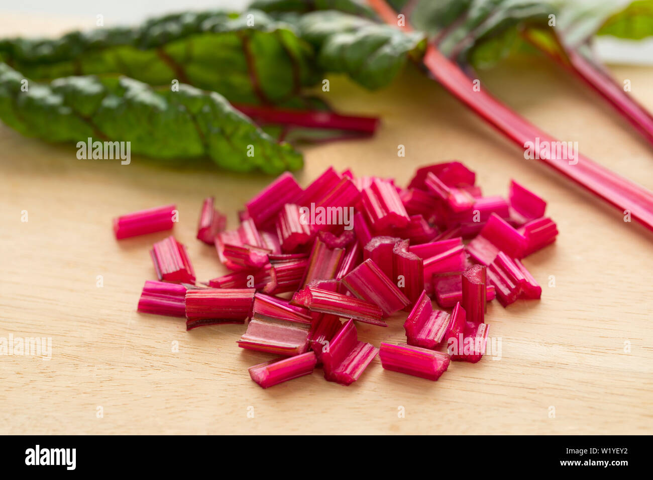 Red stemmed chard cut into pieces close up Stock Photo