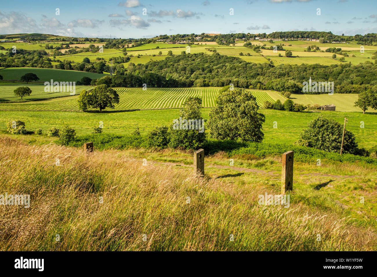 View from Baildon Moor in Yorkshire. The long distance views look across the Gill Beck Valley. Stock Photo