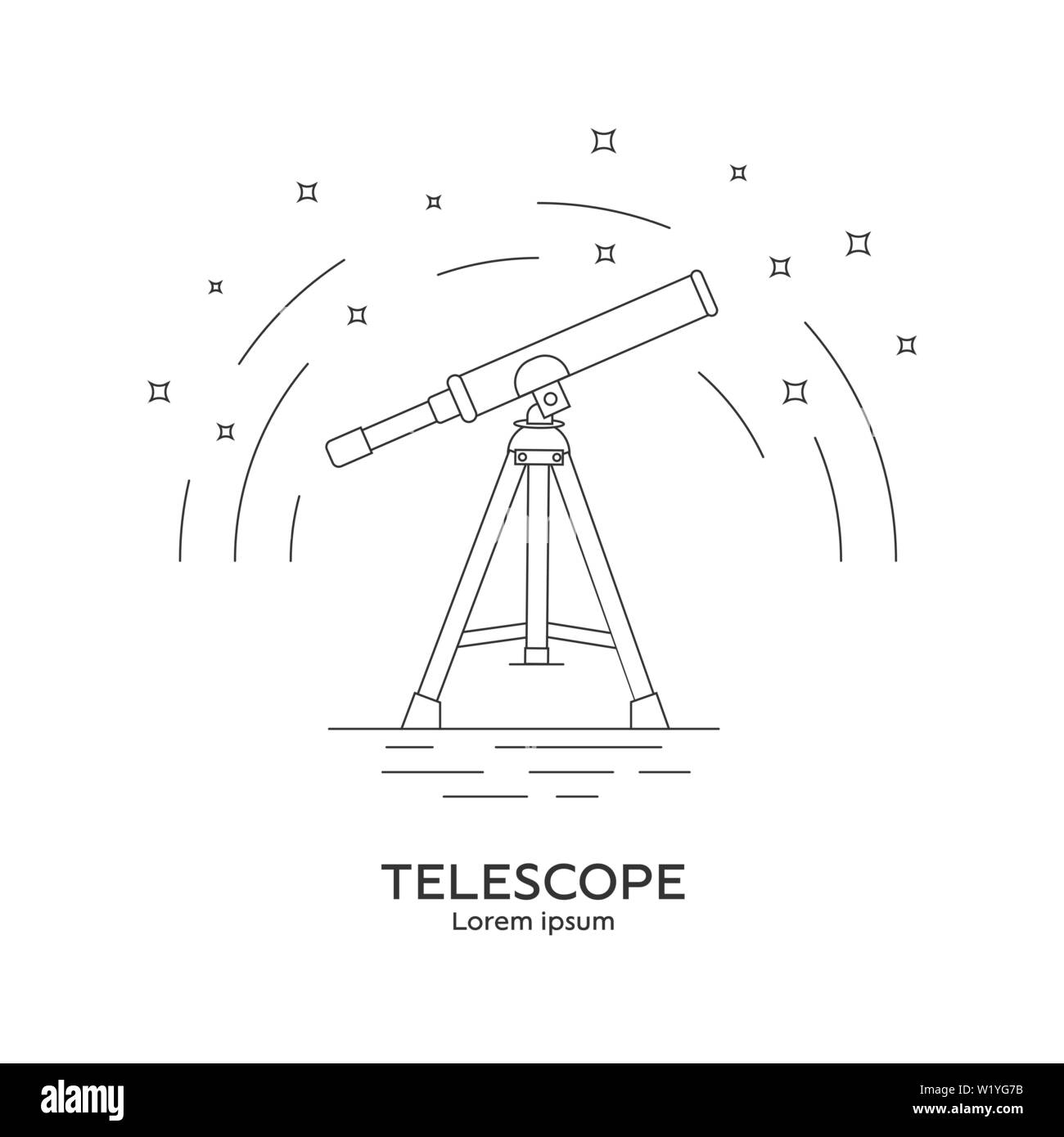Line style icon of telescope. Telescope logo. Space exploration and adventure symbol. Concept of world explore. Clean and modern vector illustration f Stock Vector