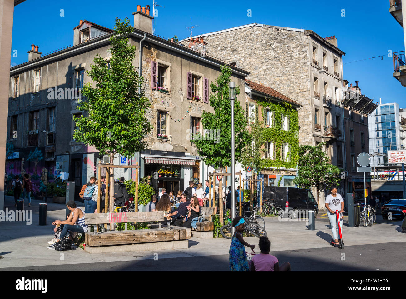 Les Grottes neighbourhood, a bohemian district in Geneva, Switzerland Stock Photo