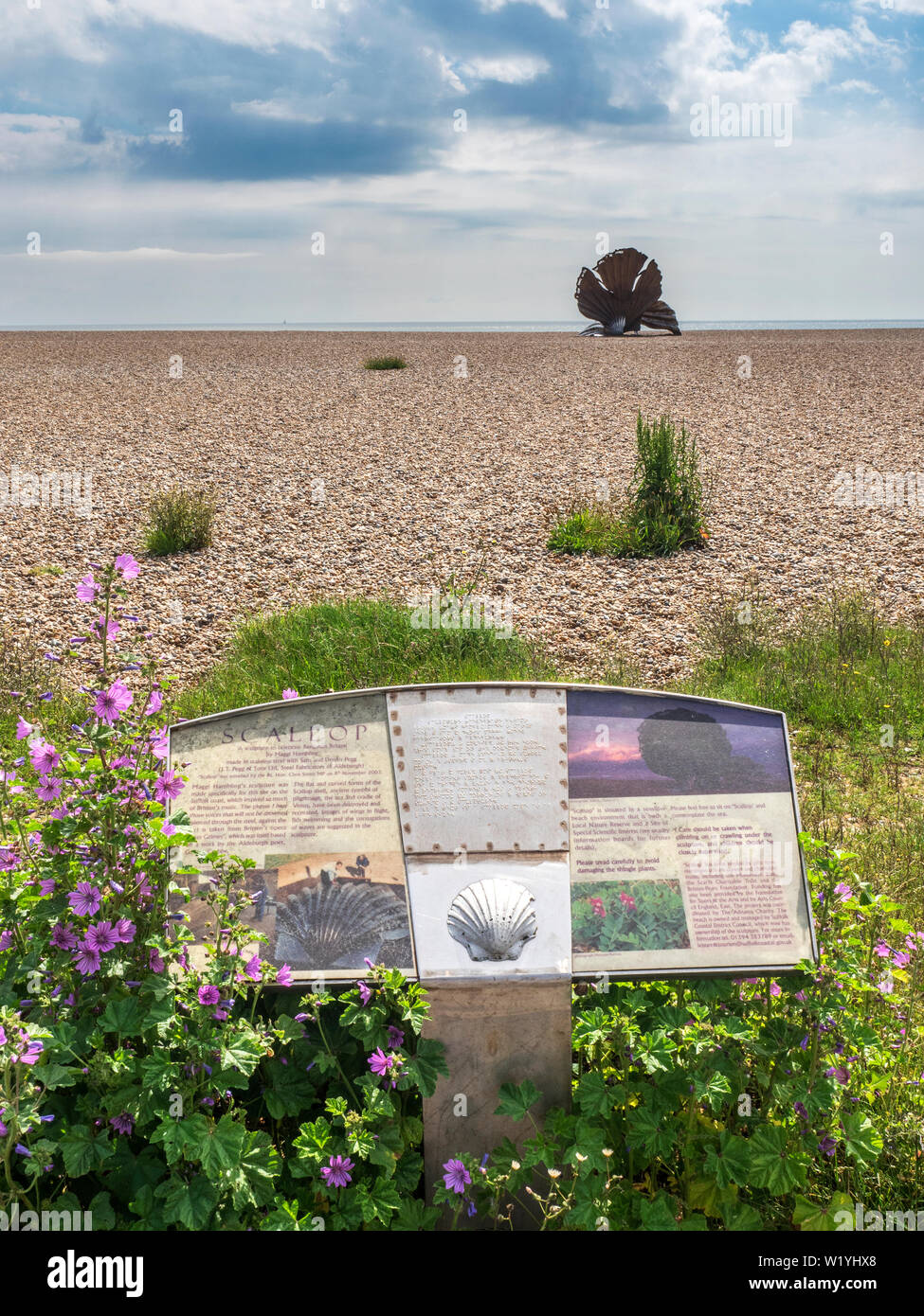 Scallop sculpture dedicated to Benjamin Britten by Maggi Hambling on the beach at Aldeburgh Suffolk England Stock Photo
