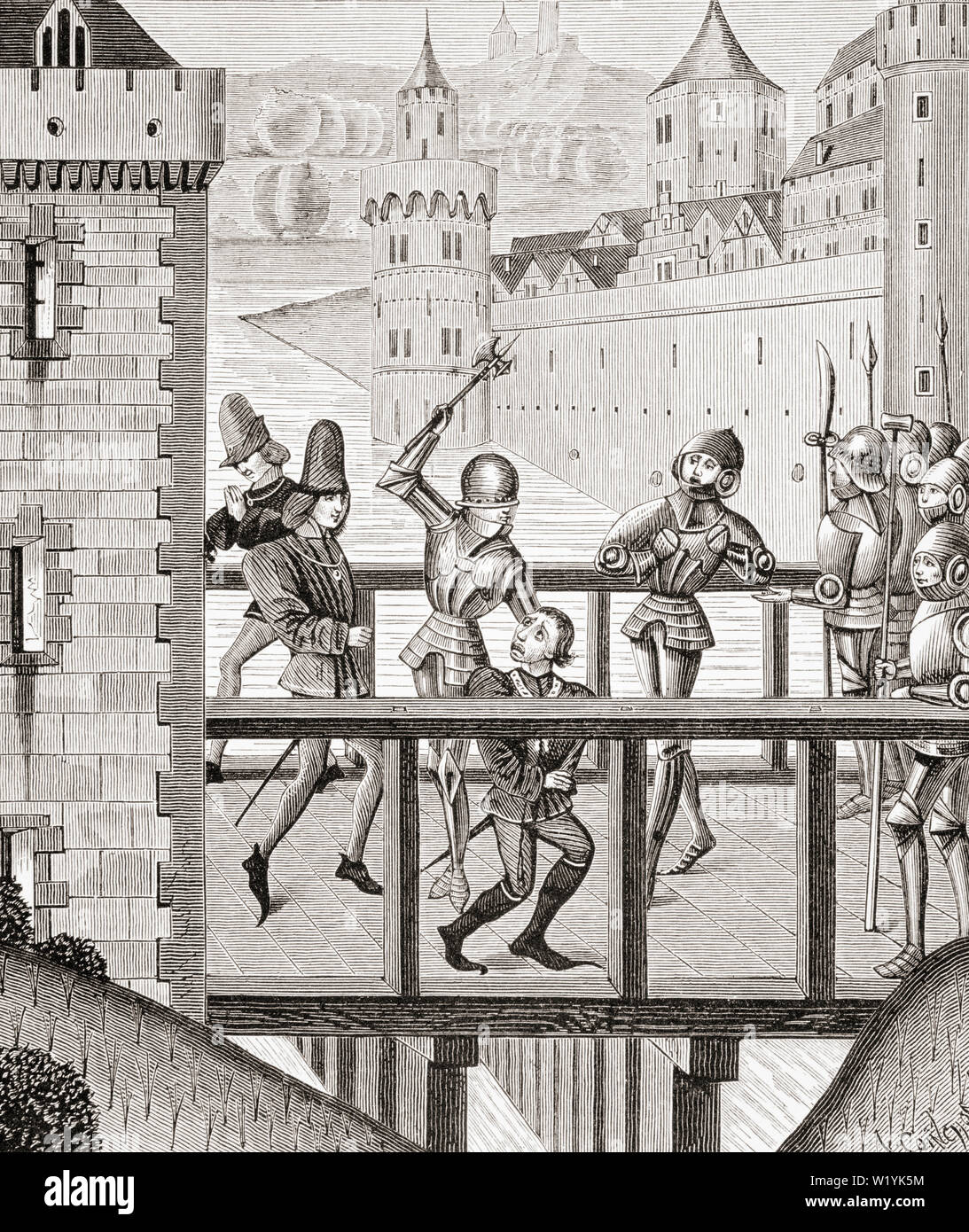 Assassination of the Duke of Burgundy, John the Fearless, 1371 - 1419,  on the Bridge of Montereau.  Copy of miniature in the 15th century Chronicles of Monstrelet Stock Photo