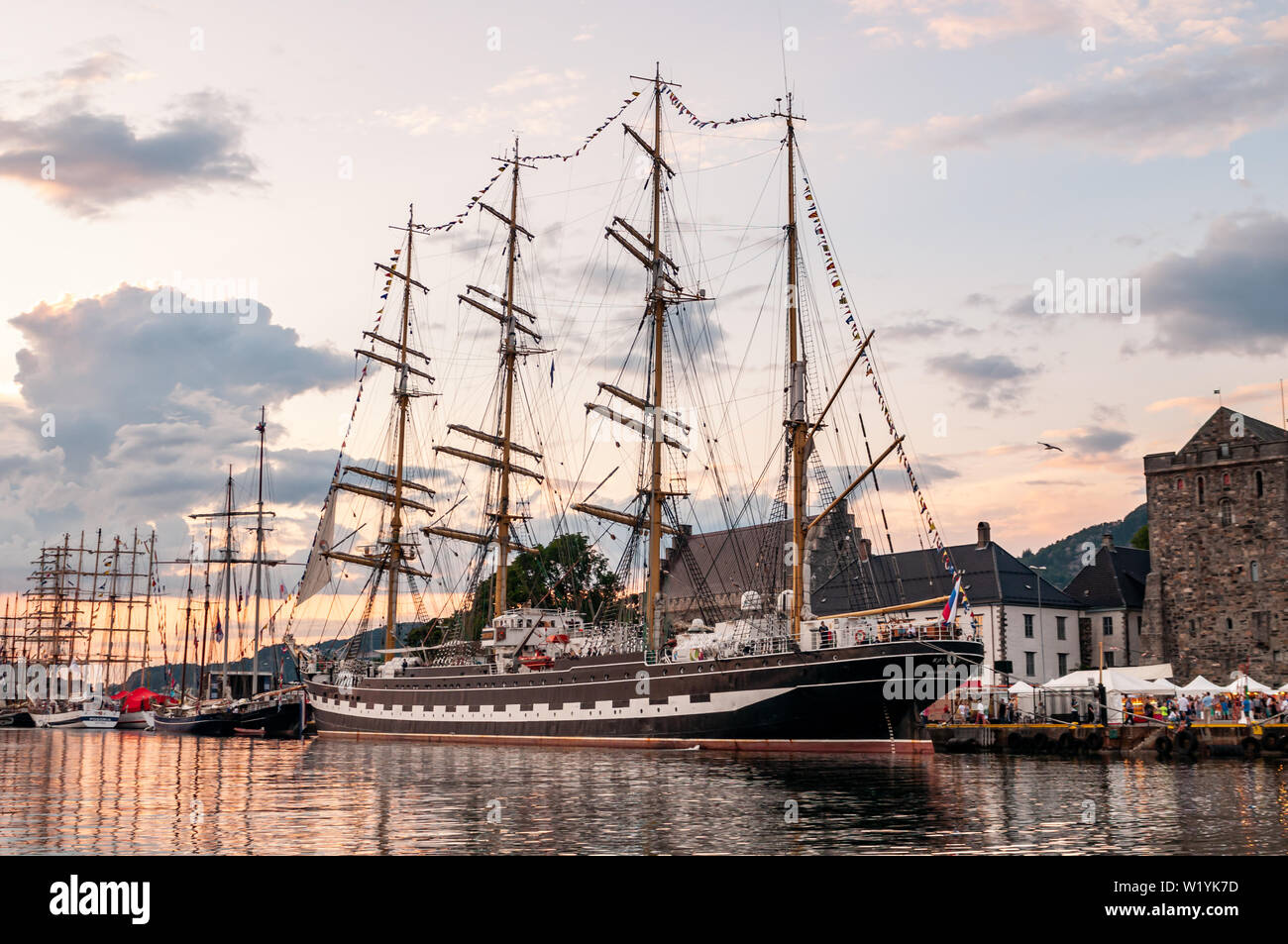 A photo of the Kruzenshtern or Krusenstern (Russian: Крузенштерн) four-masted barque ship, docked at Bergen harbour Norway Stock Photo