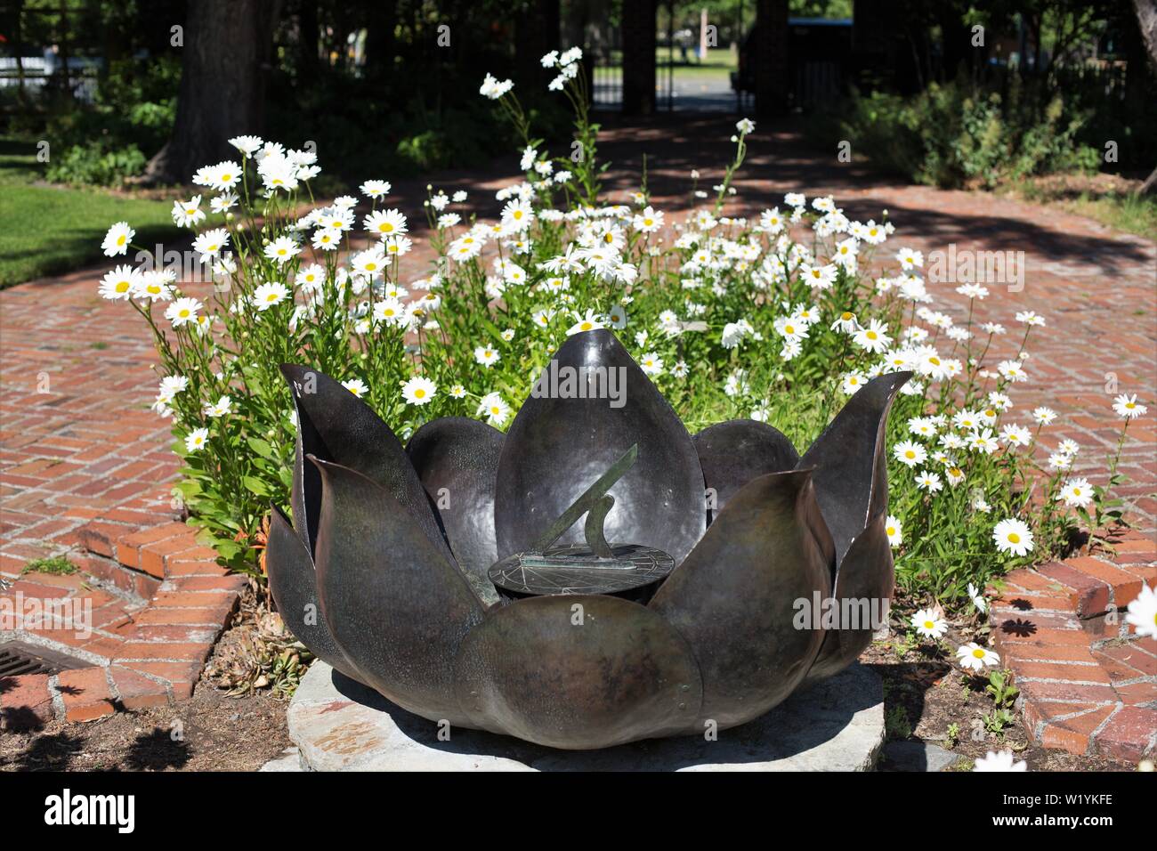 A lotus sundial designed and fabricated by Harry St. John Dixon, at Luther Burbank Home and Gardens in Santa Rosa, CA, USA. Stock Photo