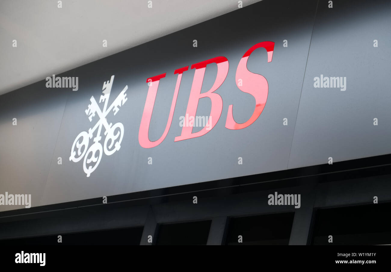 A sign for a branch of the UBS bank in Geneva Switzerland Stock Photo