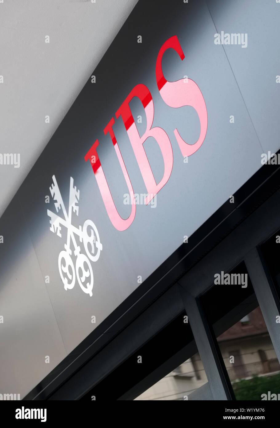 A sign for a branch of the UBS bank in Geneva Switzerland Stock Photo