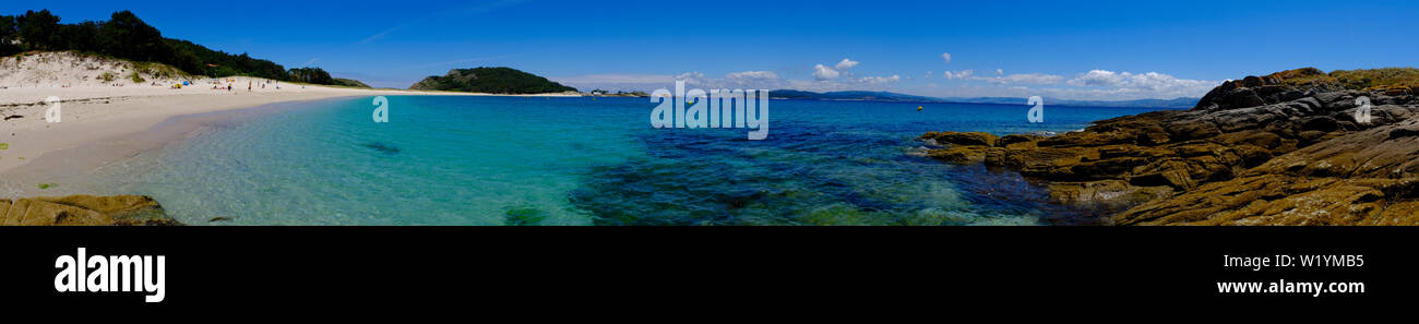 Roda Beach's panoramic photo, also known as one of the best beaches in the world by The guardian. Cies Islands. Vigo, Galicia, Spain. Stock Photo