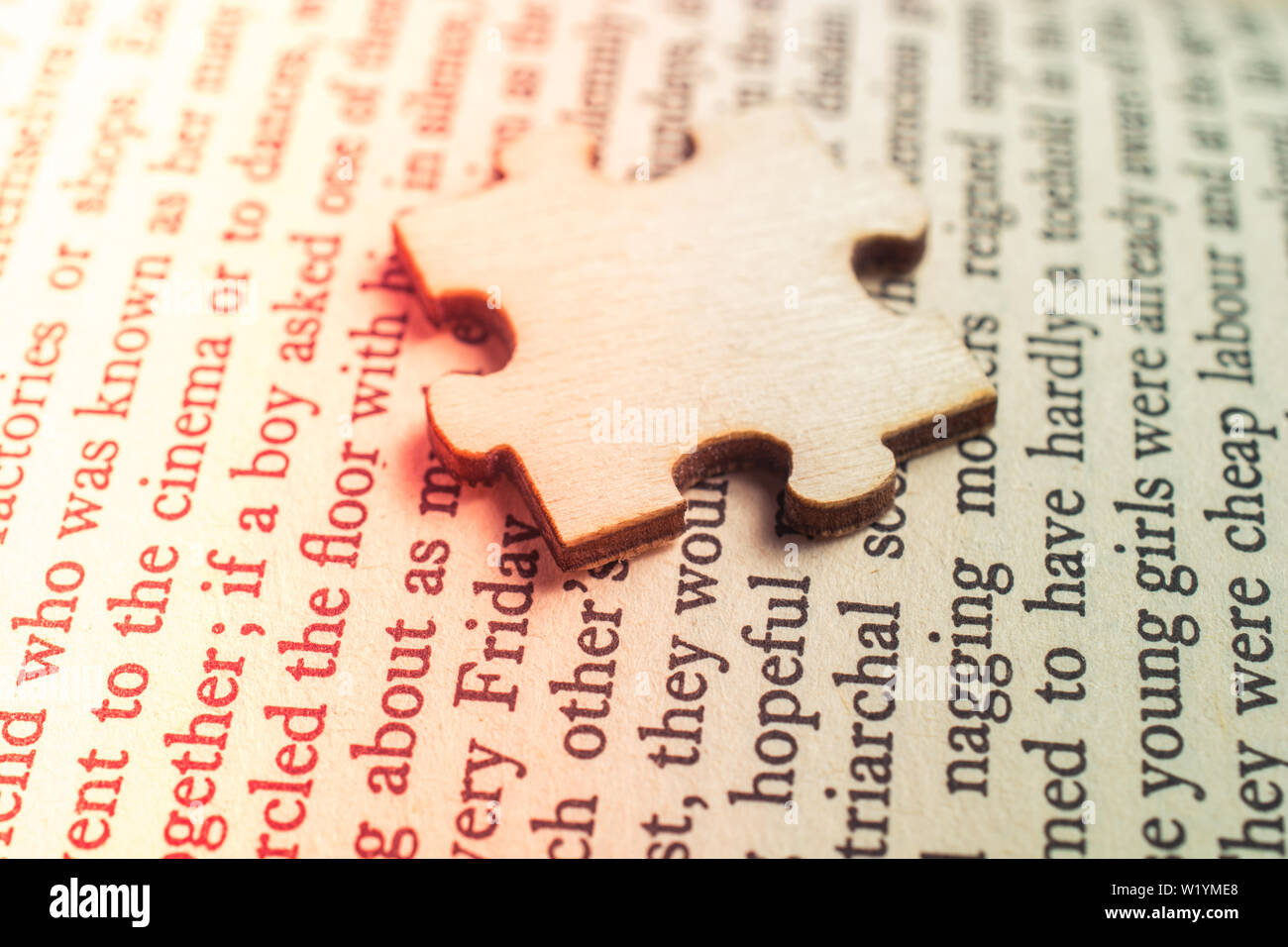 One Piece Of Wooden Jigsaw Puzzle On A Book Page In English Stock Photo Alamy