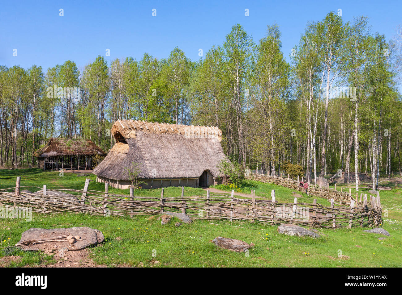 Bronze age Longhouse in a spring landscape Stock Photo