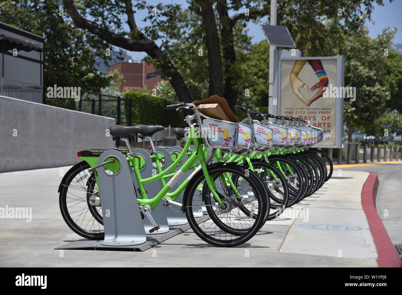WEST HOLLYWOOD, CA/USA - MAY 31, 2019: Bicycle sharing racks have ...