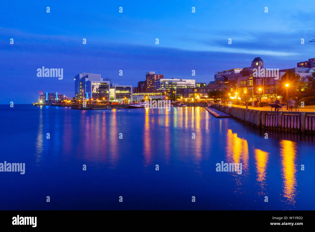 Night view of harbor and downtown buildings, in Halifax, Nova Scotia