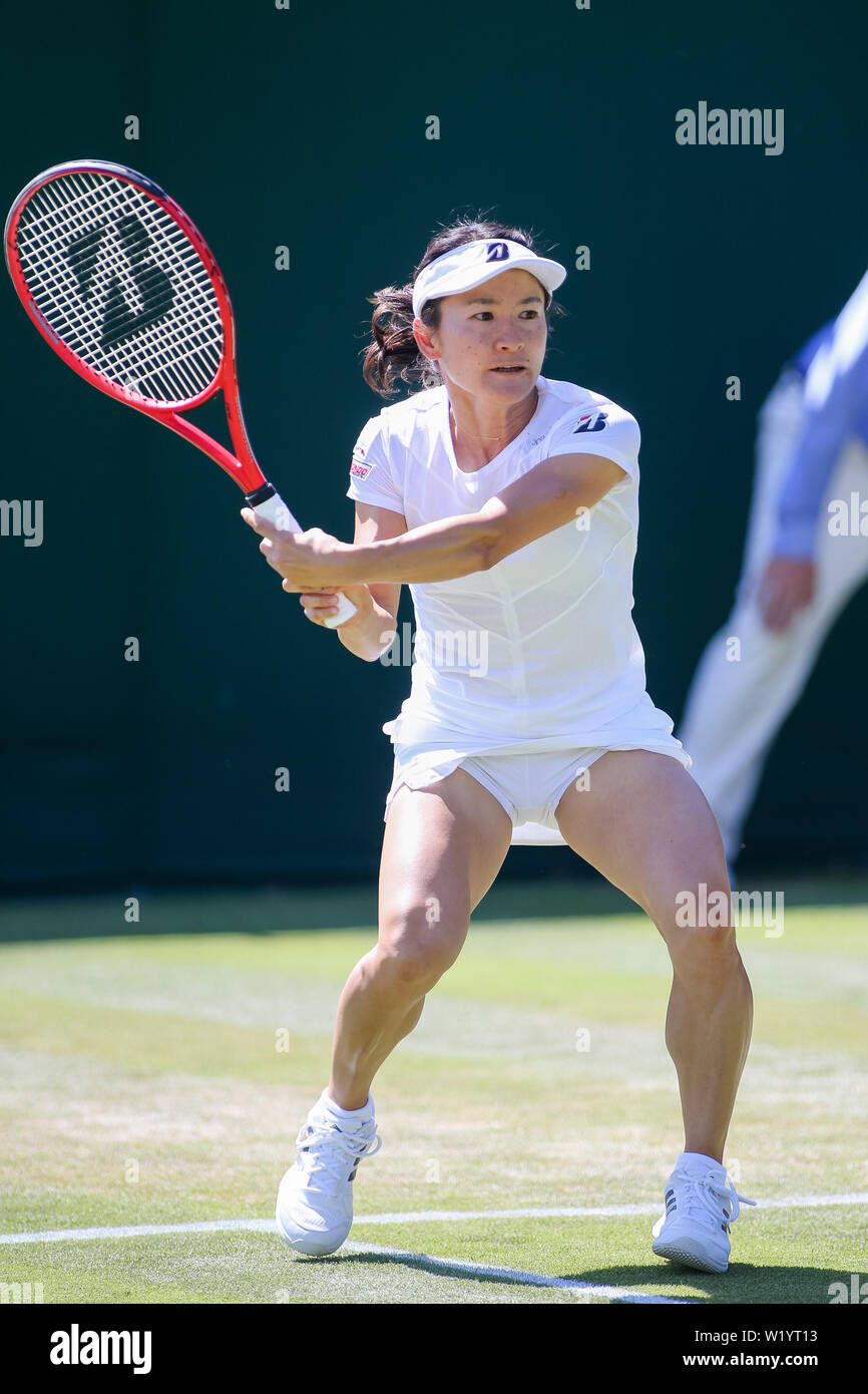 London, UK. 4th July, 2019. Shuko Aoyama of Japan during the women's  doubles first round match of the Wimbledon Lawn Tennis Championships  against Dalila Jakupovic of Slovenia and Kaitlyn Christian of the