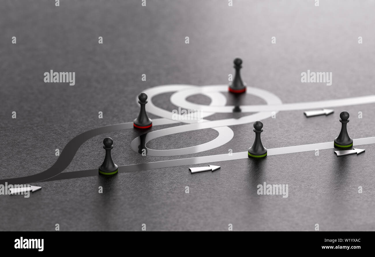 3D illustration of green pawns choosing the best way forward instead of the worst one. Right path concept Stock Photo