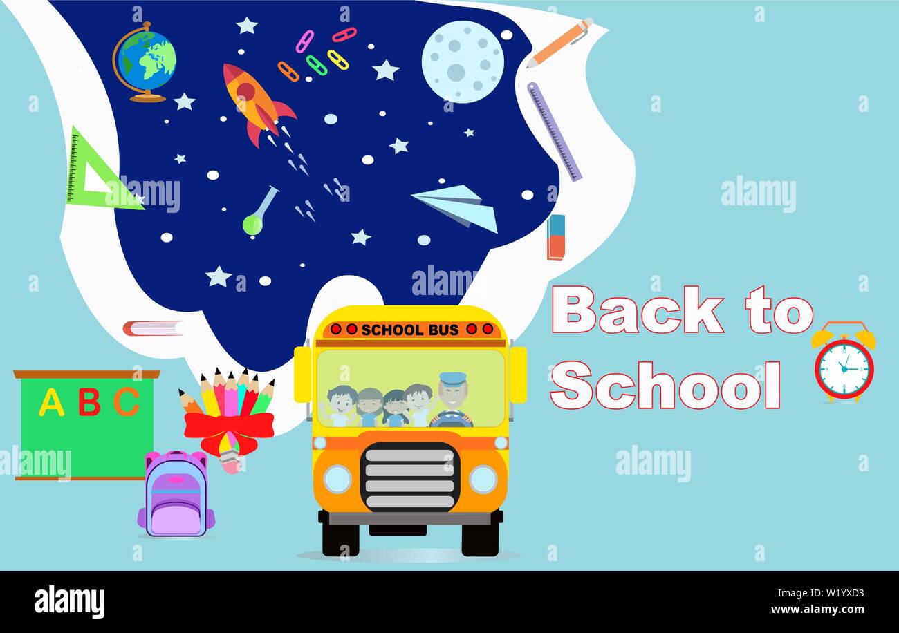 Vector banner poster back to school with happy students riding a school bus Stock Vector