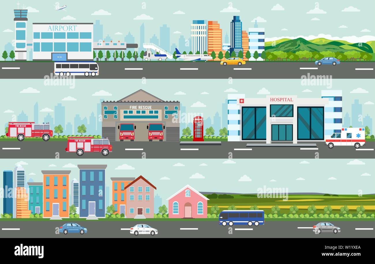 Vector of urban big cityscape and rural area with modern buildings, skyscrapers, houses, airport, hospital, fire department and passing by cars and bu Stock Vector