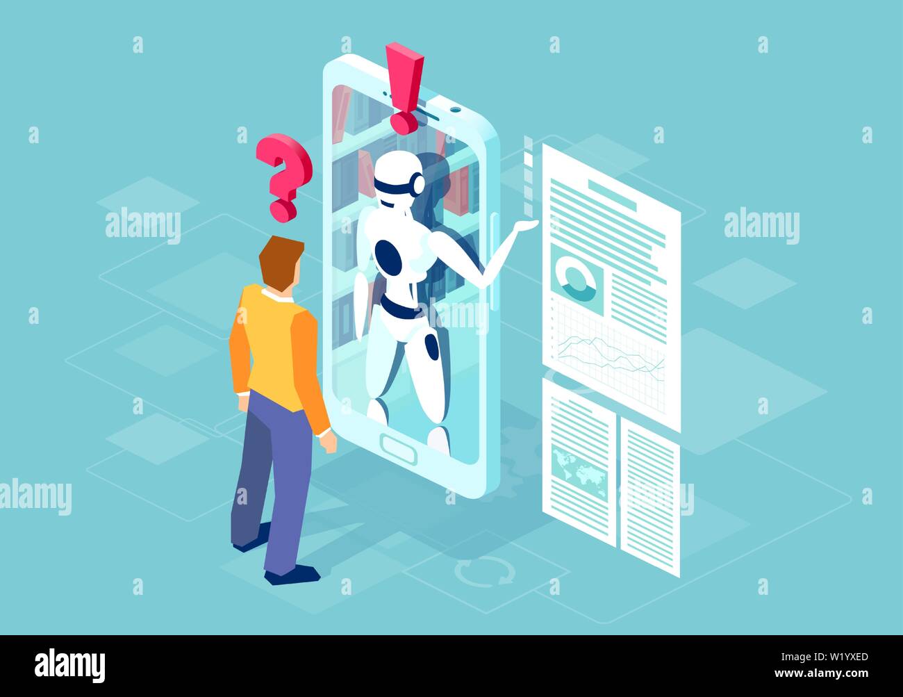 Vector of a man asking a question a robot online on mobile phone. Communication with AI concept. Stock Vector