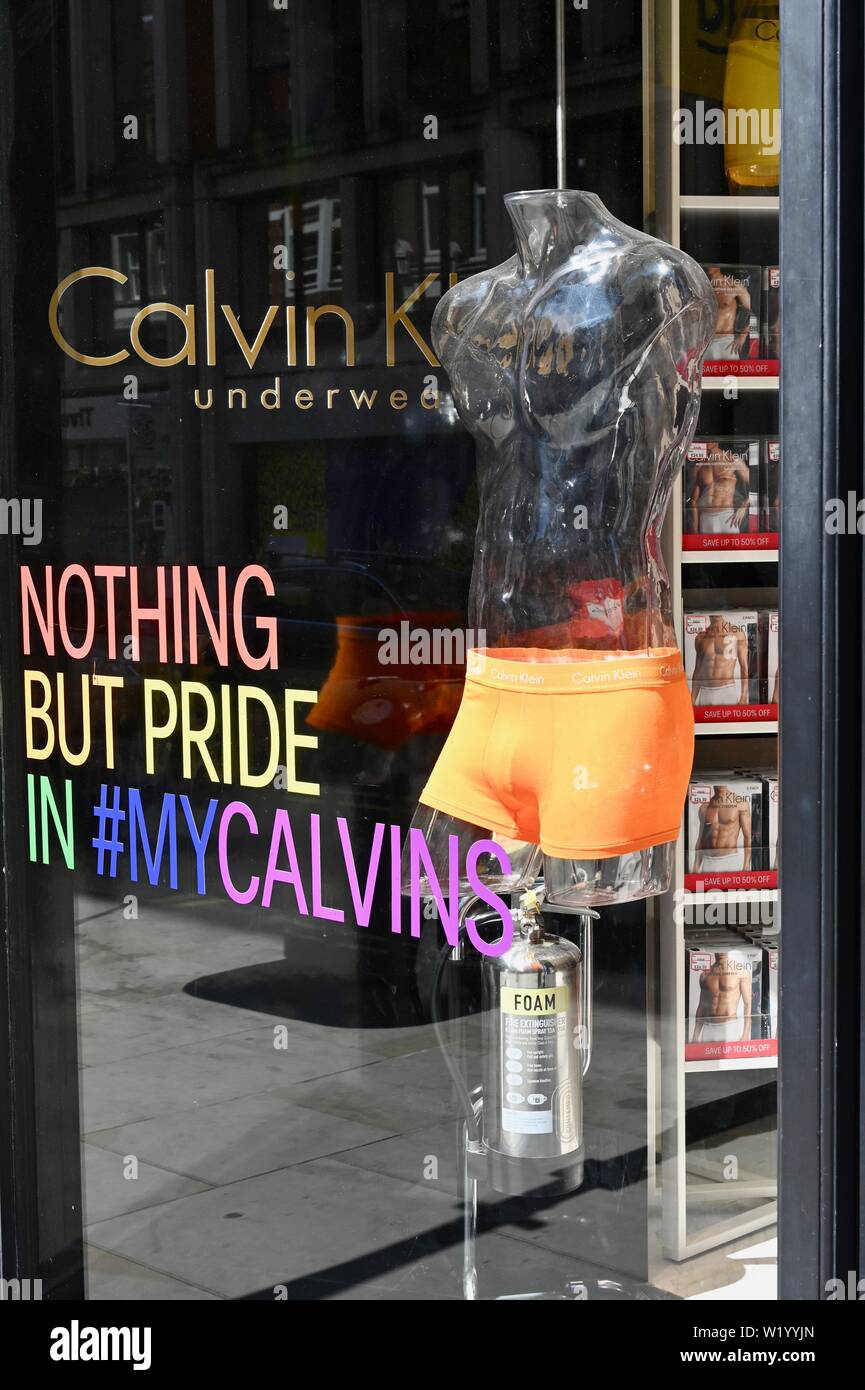 Calvin Klein shop window. Long Acre, Covent Garden, Shops and businesses  display rainbow colours prior to the Pride in London Celebrations this  weekend. London. UK Stock Photo - Alamy