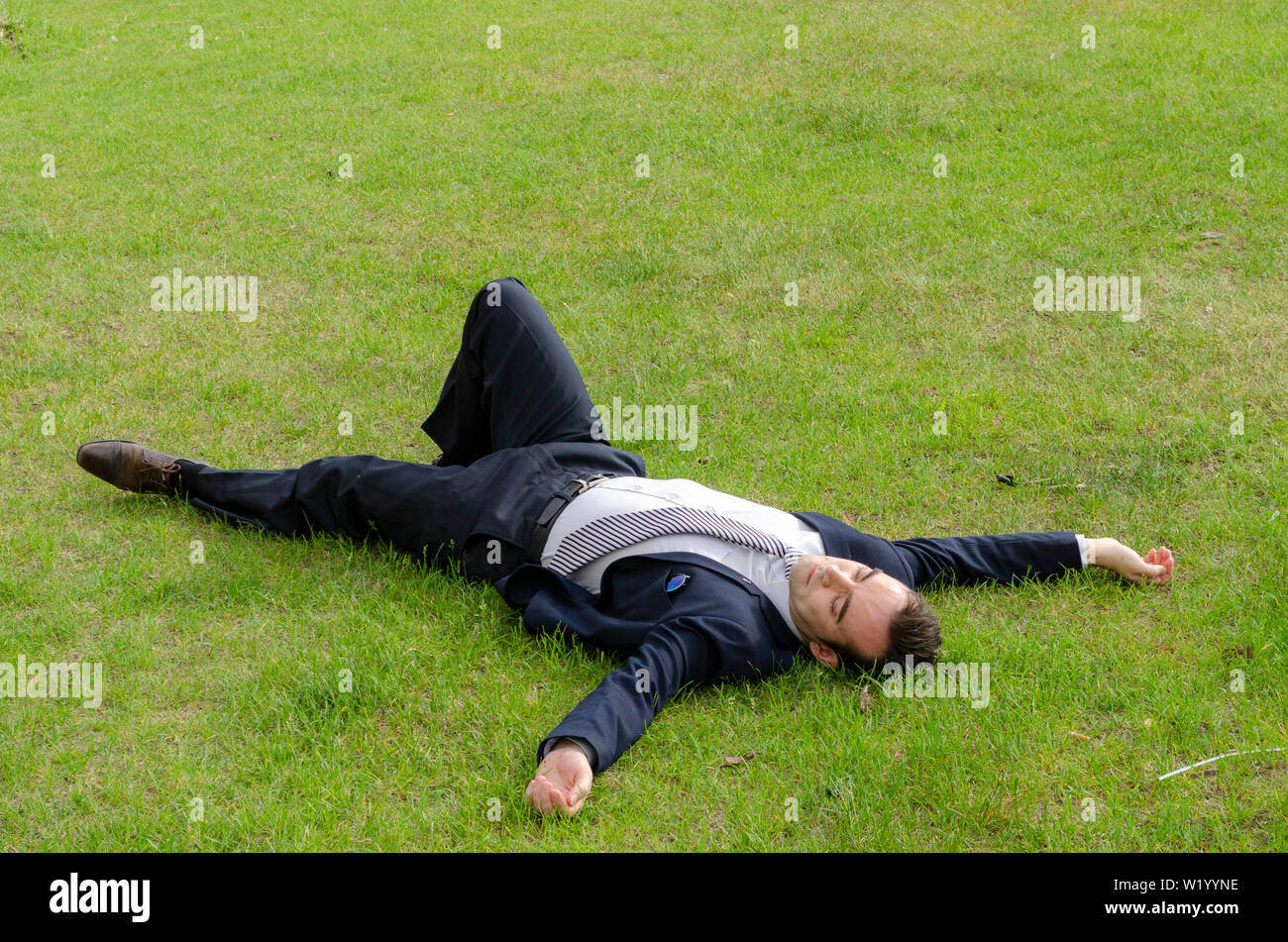 Portrait of handsome businessman relaxing outdoor in the green grass at work break, wearing tie, business suit, white shirt, white european, resting Stock Photo