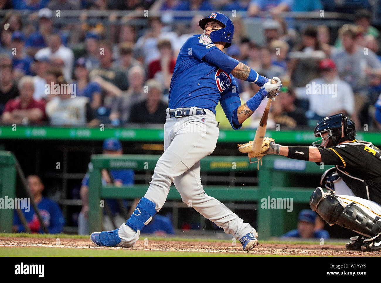 July 3, 2019: Chicago Cubs shortstop Javier Baez (9) in action during the  Major League Baseball game between the Chicago Cubs and Pittsburgh Pirates  at PNC Park, in Pittsburgh, Pennsylvania. (Photo Credit