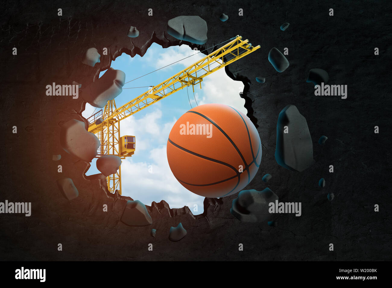 3d rendering of construction crane and orange basketball ball seen through black wall hole Stock Photo