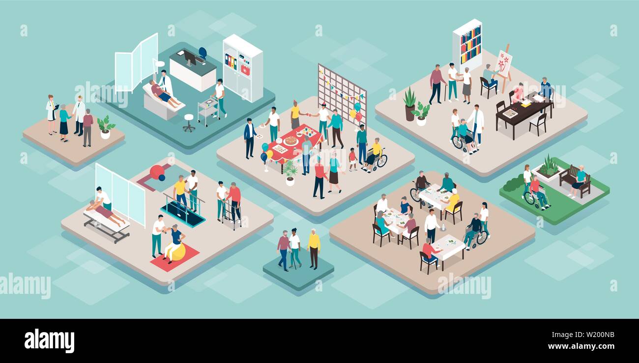 Professional seniors assistance and retirement home services: medical staff and elderly people together doing different activities, isometric infograp Stock Vector