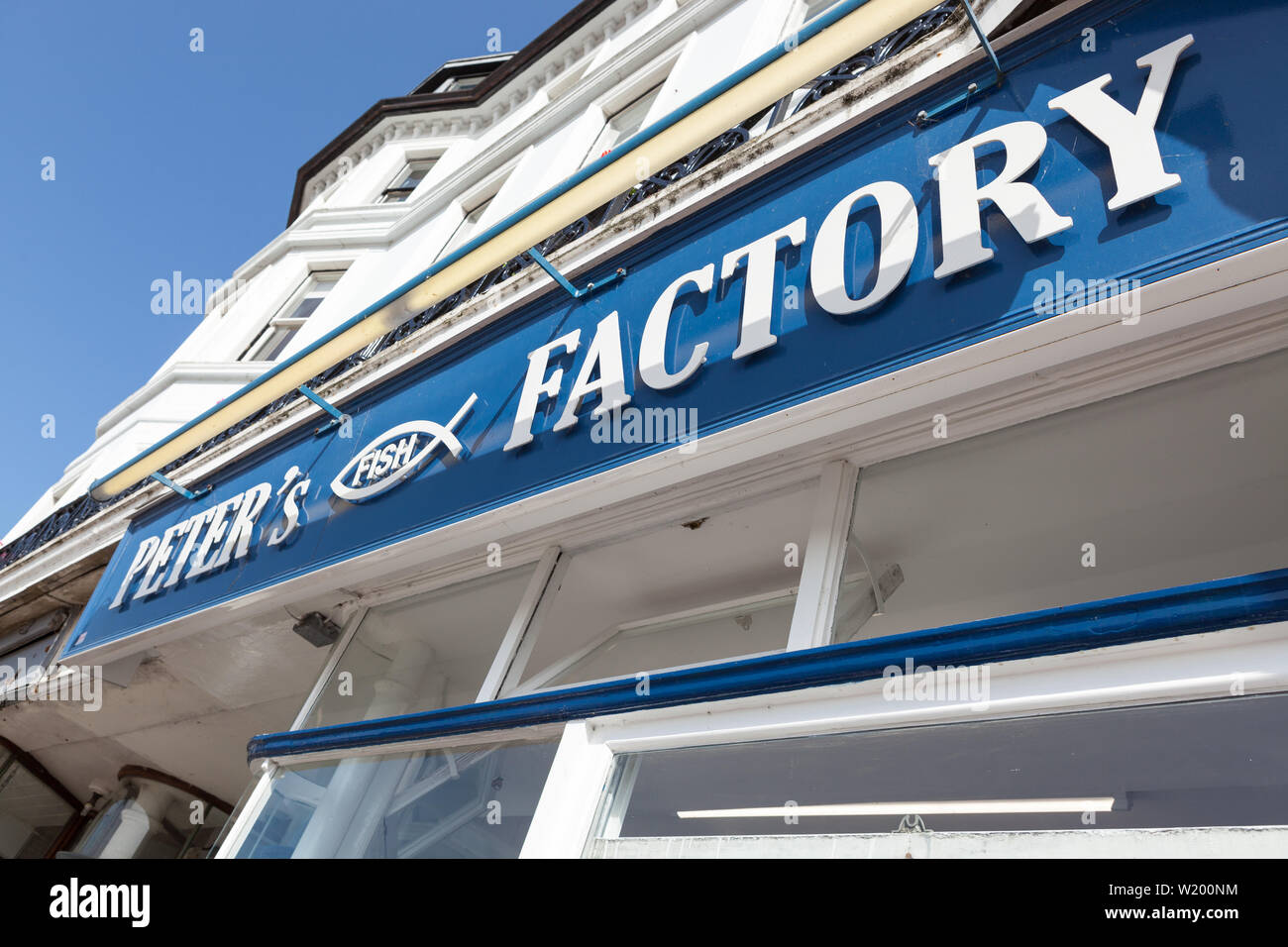 The sign above Peter's Fish Factory in Kent. Stock Photo