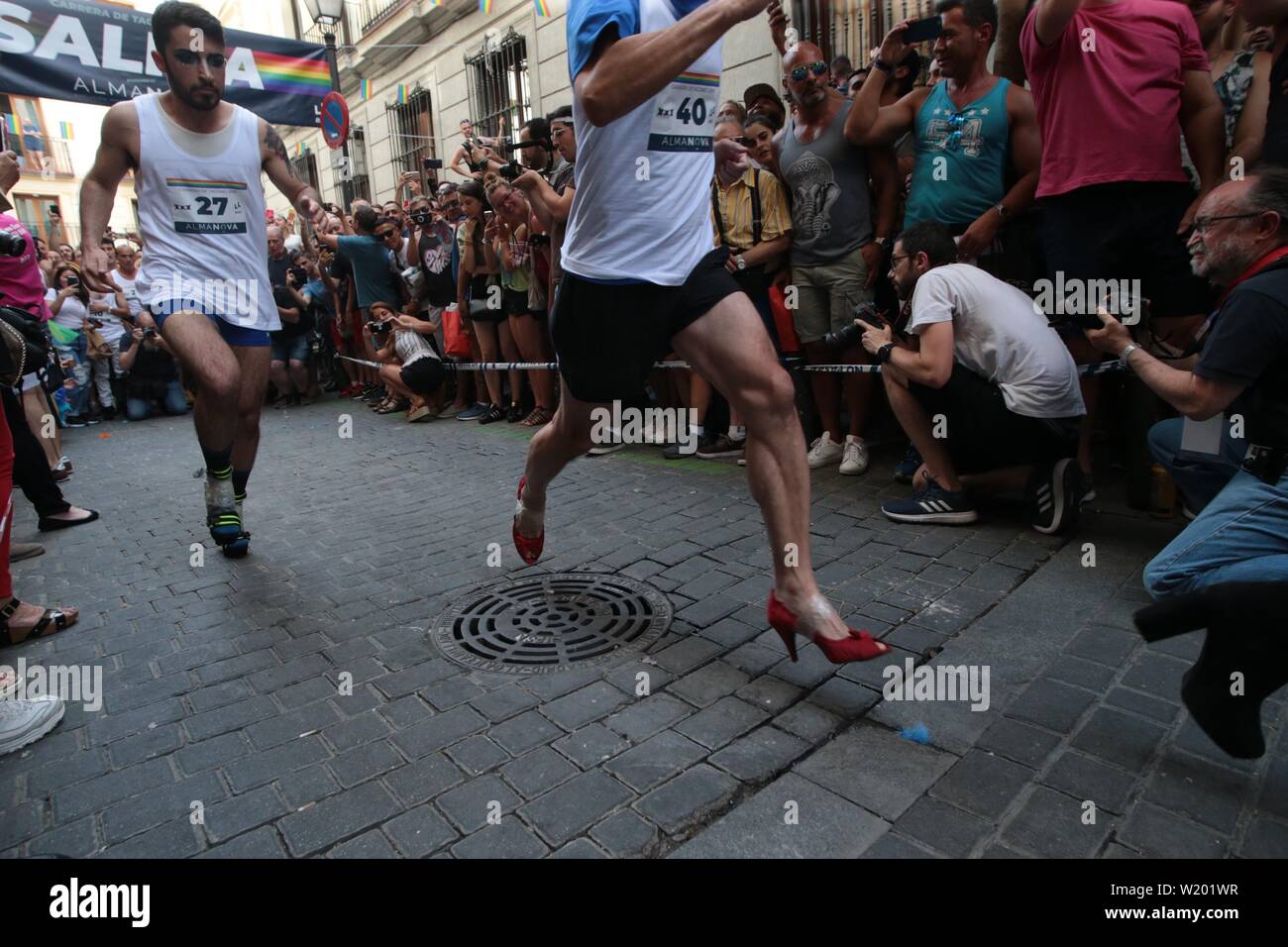 Madrid, Spain. 04th July, 2019. Madrid Spain; 04/07/2019.- High heels race at the Gay Pride celebrations in Madrid, activities prior to the parade on the 7th one of the great festivities of Madrid. Credit: Juan Carlos Rojas/Picture Alliance | usage worldwide/dpa/Alamy Live News Stock Photo