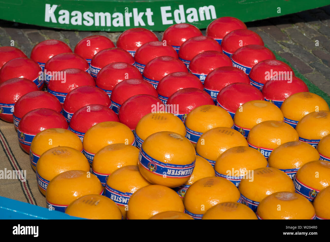 Edam, Netherlands - July 2019: Edam cheeses at the first cheese market of the season Stock Photo