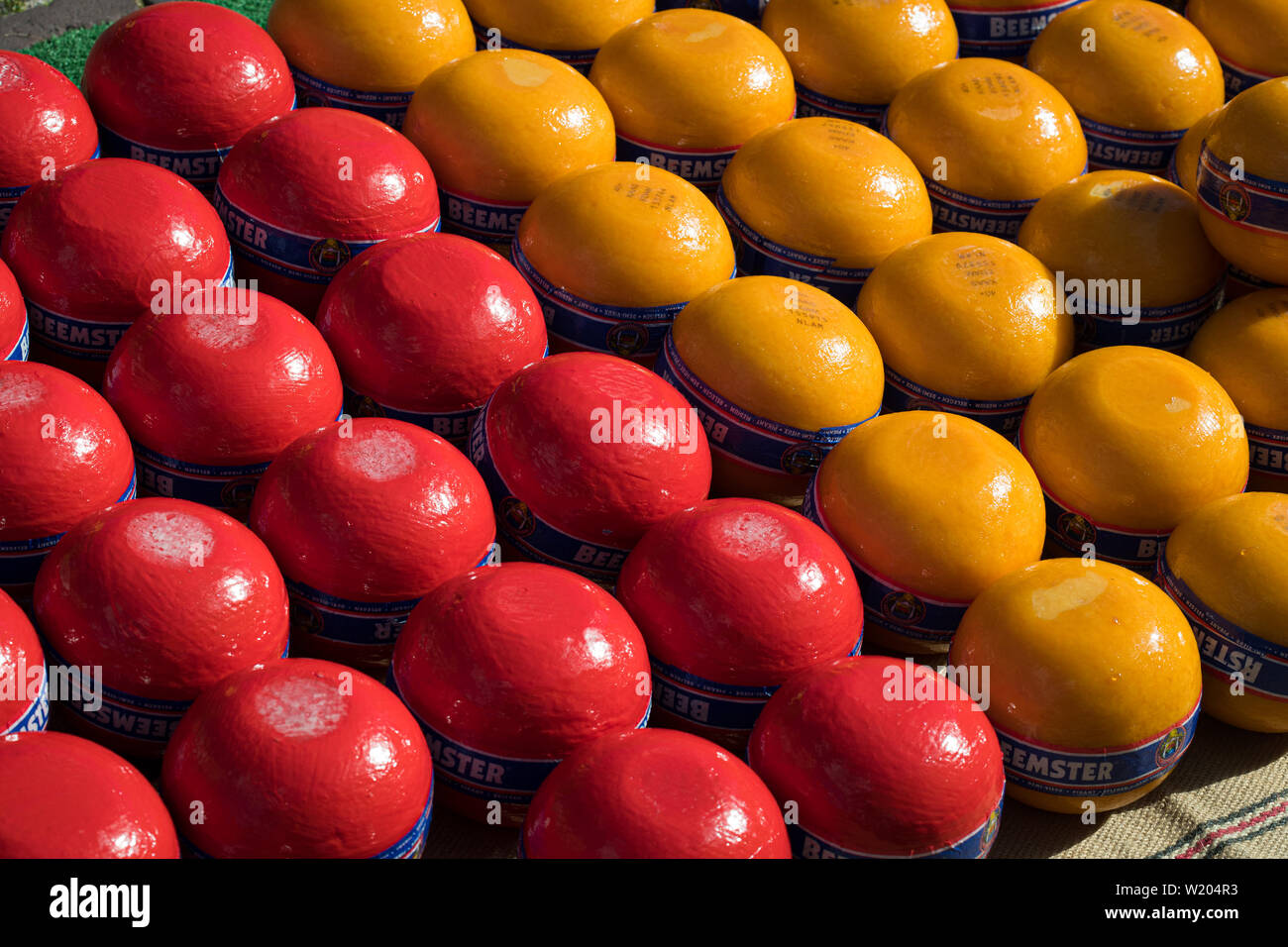 Edam, Netherlands - July 2019: Edam cheeses at the first cheese market of the season Stock Photo