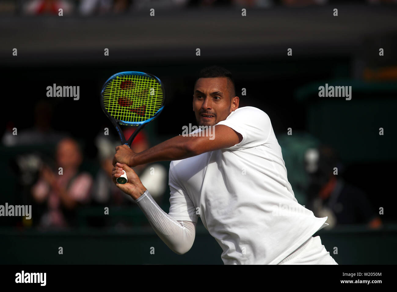 London, UK. 04th July, 2019. Wimbledon, 4 July 2019 - Nick Kyrgios in action against Rafael Nadal during their second round match today at Wimbledon. Credit: Adam Stoltman/Alamy Live News Stock Photo