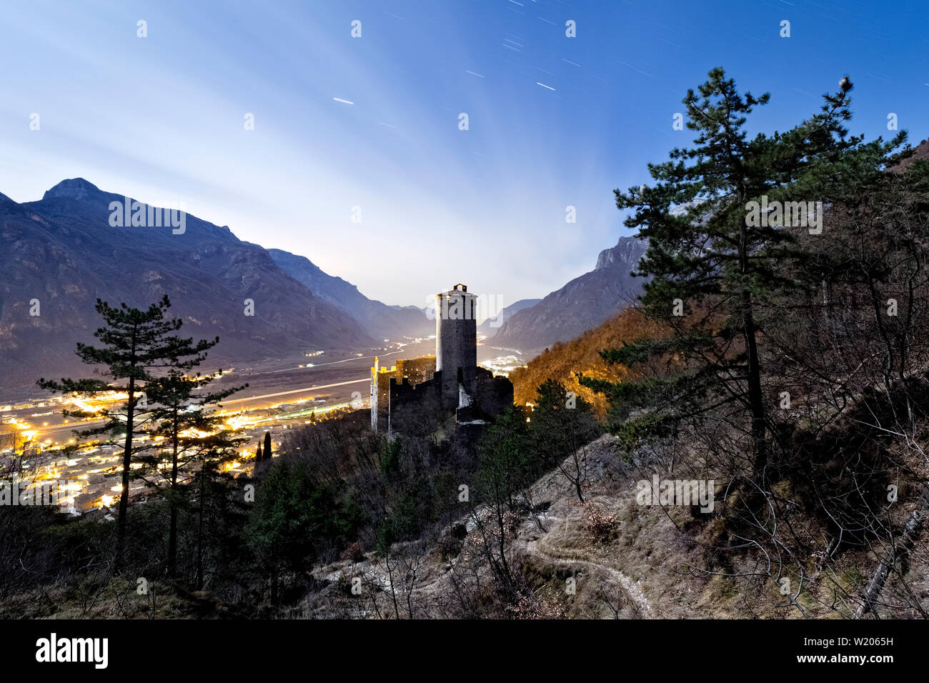 Night falls at the castle of Avio. Trento province, Trentino Alto-Adige, Italy, Europe. Stock Photo