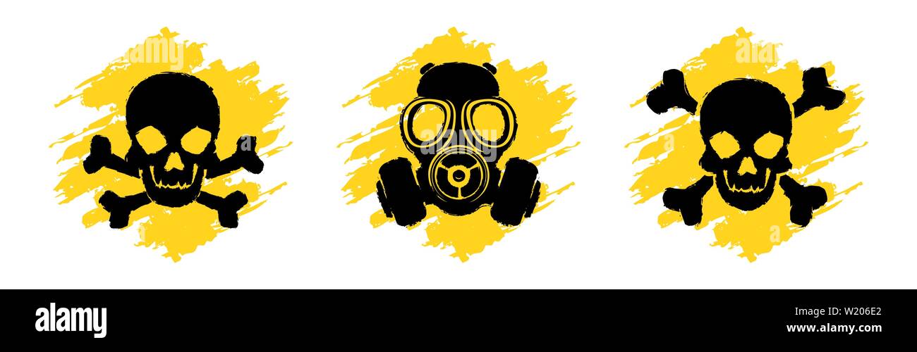 Toxic Hazard Grunge Signs. Poison vector symbols. Skull and crossbones signs. Gas mask warning sign. Danger vector signs isolated on white background Stock Vector